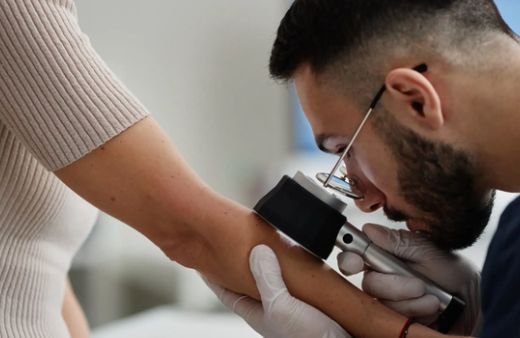 Dermatologist examining a patient's skin closely using a dermatoscope
